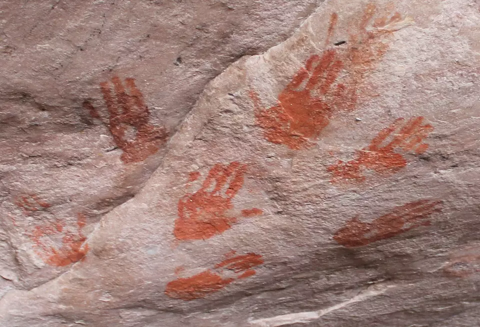 San/Bushmen hand prints on the ceiling of Diepkloof Rock Shelter, Elands Bay, Western Cape, South Africa