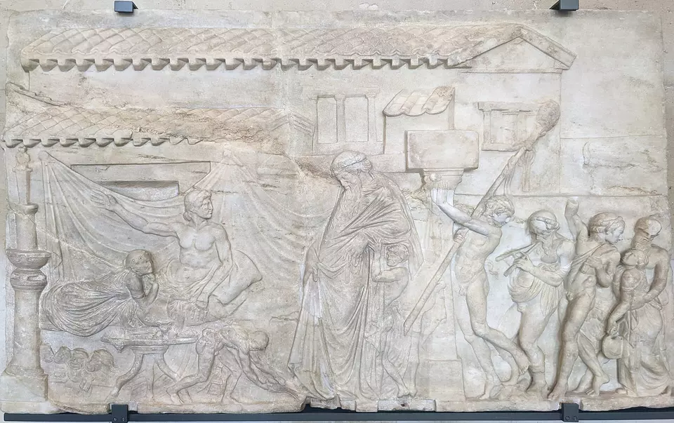 Dramatischer Dichter empfängt den betrunkenen Dionysos. Römisches Relief, Musée du Louvre (Ma 1606), Dionysos bei Ikarios