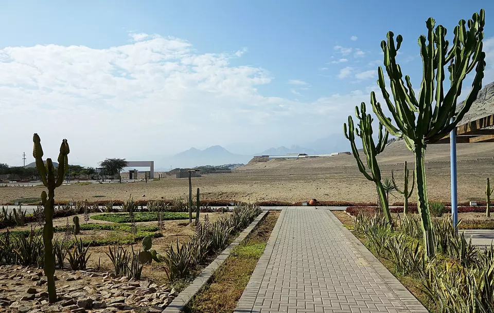 View over the Huaca de la Luna Moche temple site in Peru, seen from the Huacas de Moche museum