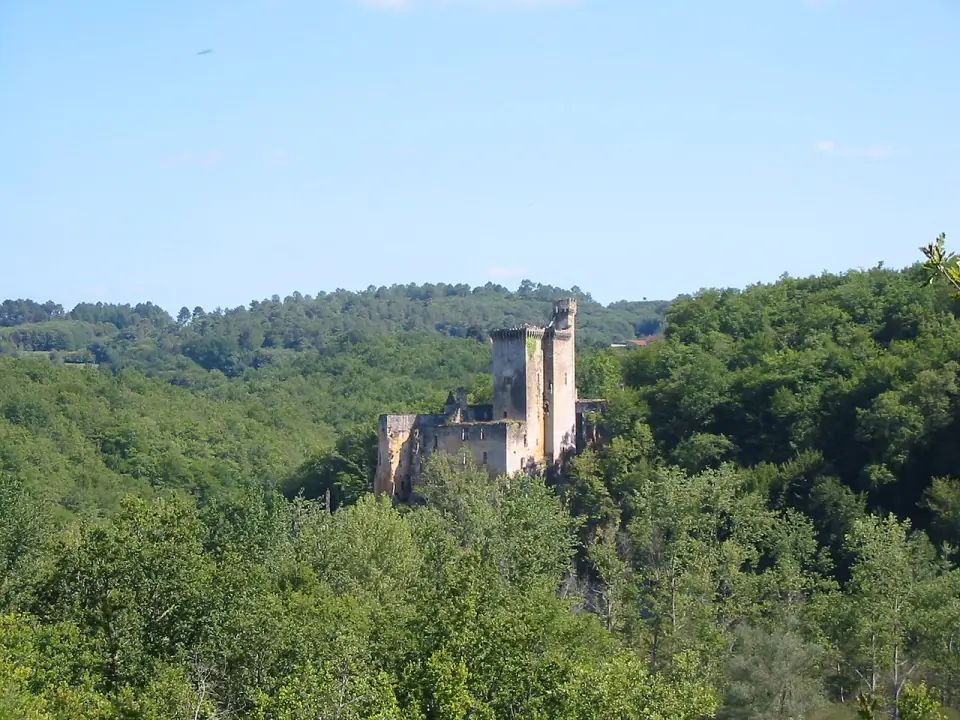Le château de Commarque, forteresse médiévale, vu depuis le site de Cap Blanc, dans la vallée de la Beune