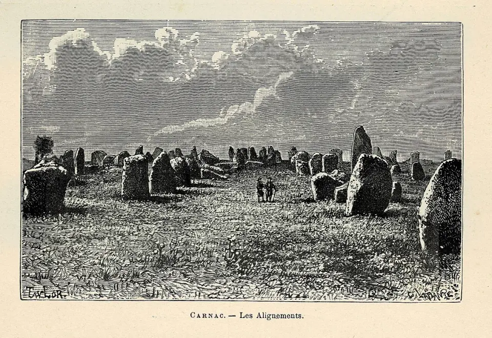 Gravure ancienne des alignements de Carnac, avec deux promeneurs entre les menhirs