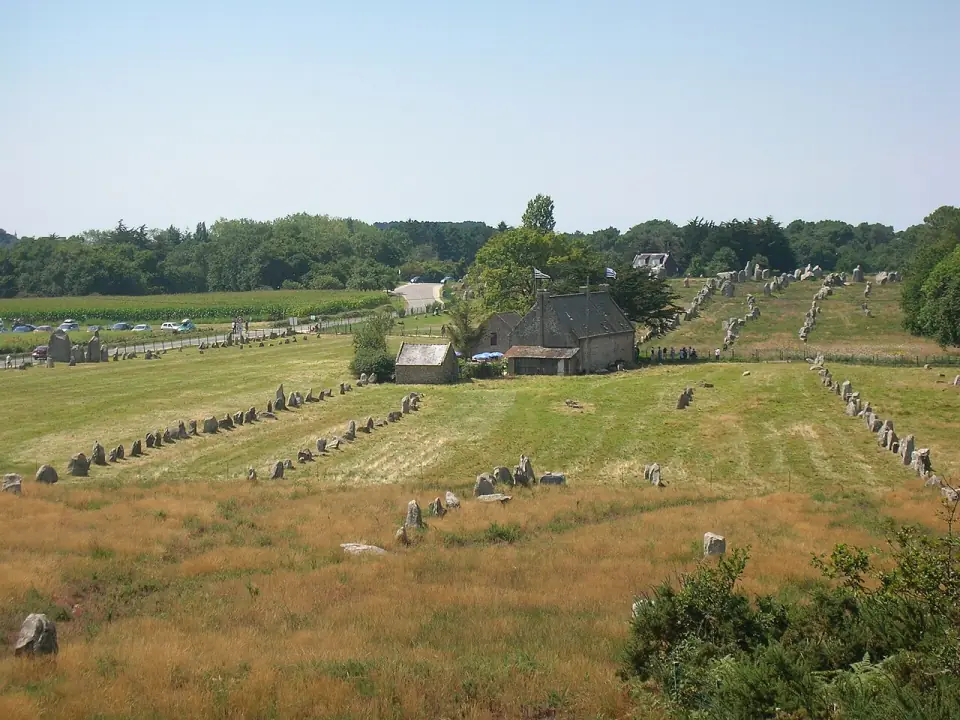 Vue d'ensemble des files de menhirs de Carnac, ferme au centre et prairies jaunies par l'été
