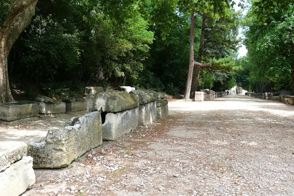 L'allée des Alyscamps, bordée de sarcophages de pierre sous les arbres, à Arles