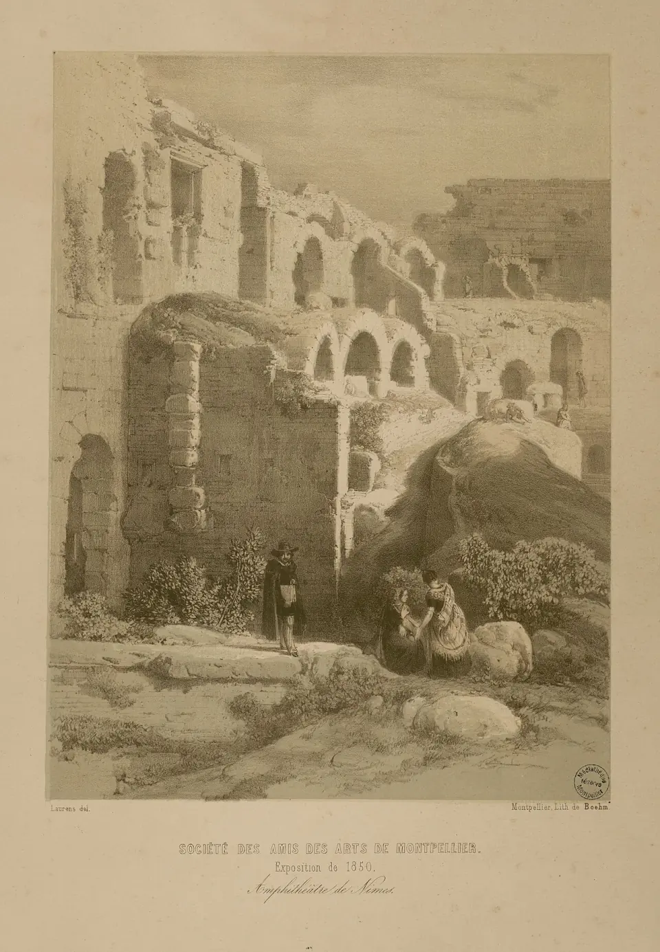 Gravure ancienne montrant les arcades de l'amphithéâtre de Nîmes