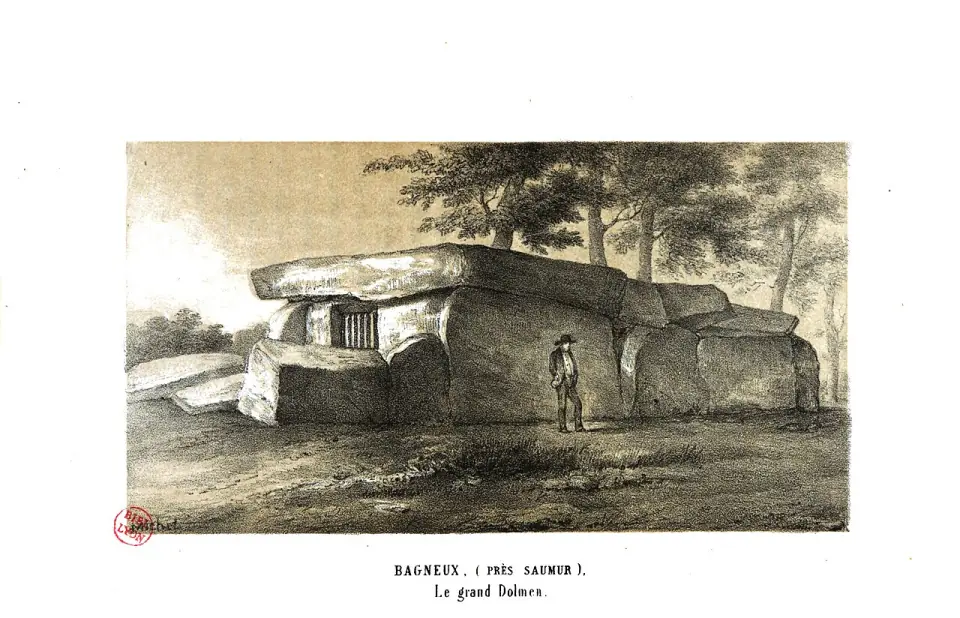 Lithographie ancienne du grand dolmen de Bagneux, près de Saumur, avec un promeneur devant l'entrée