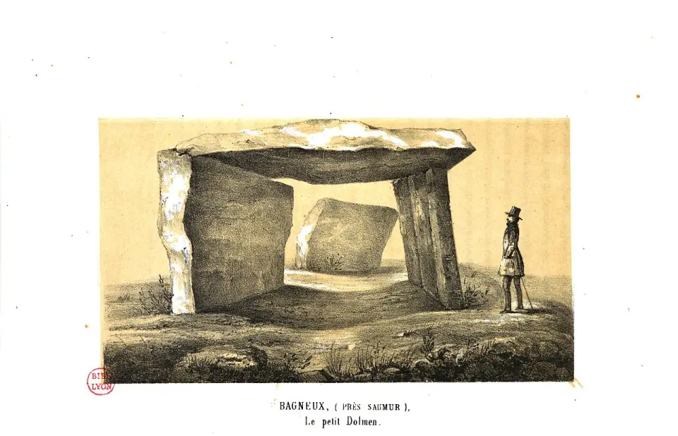 Lithographie ancienne du petit dolmen de Bagneux, dessinée au XIXe siècle