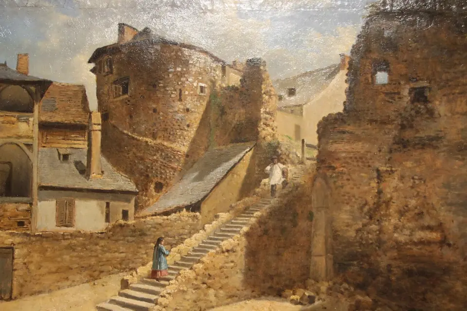 Tableau de 1869 montrant l'enceinte gallo-romaine du Mans, tour ronde et escalier