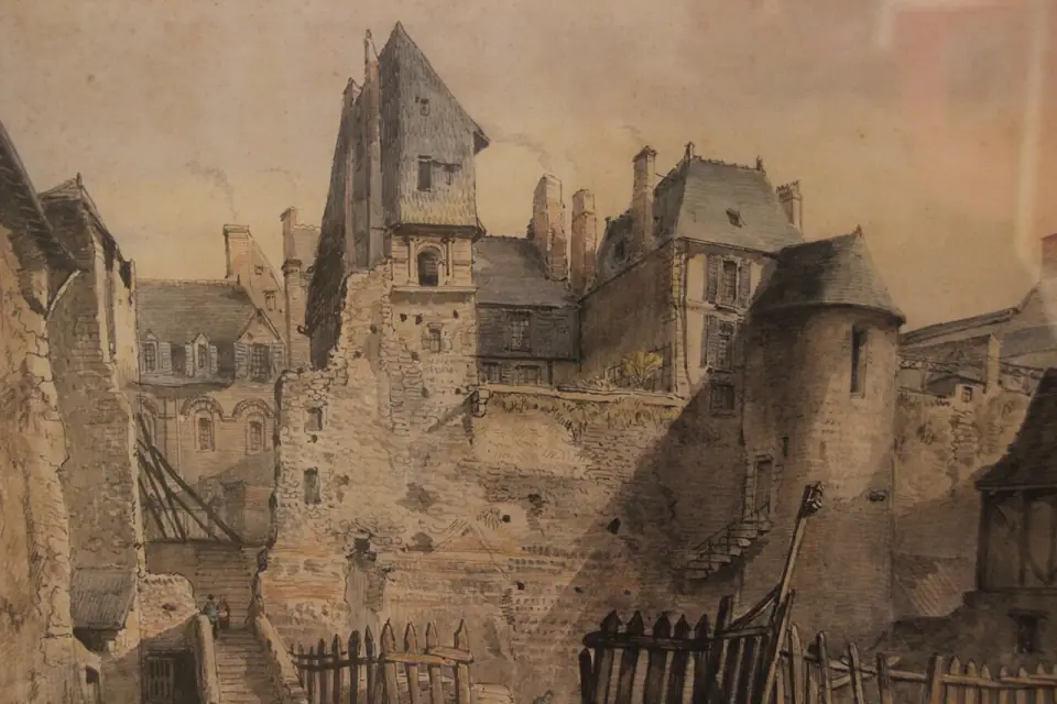 Aquarelle ancienne de l'enceinte gallo-romaine du Mans et des maisons du Vieux-Mans