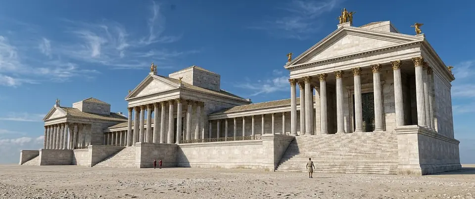 Restitution de trois temples romains sur podium du sanctuaire de Gisacum
