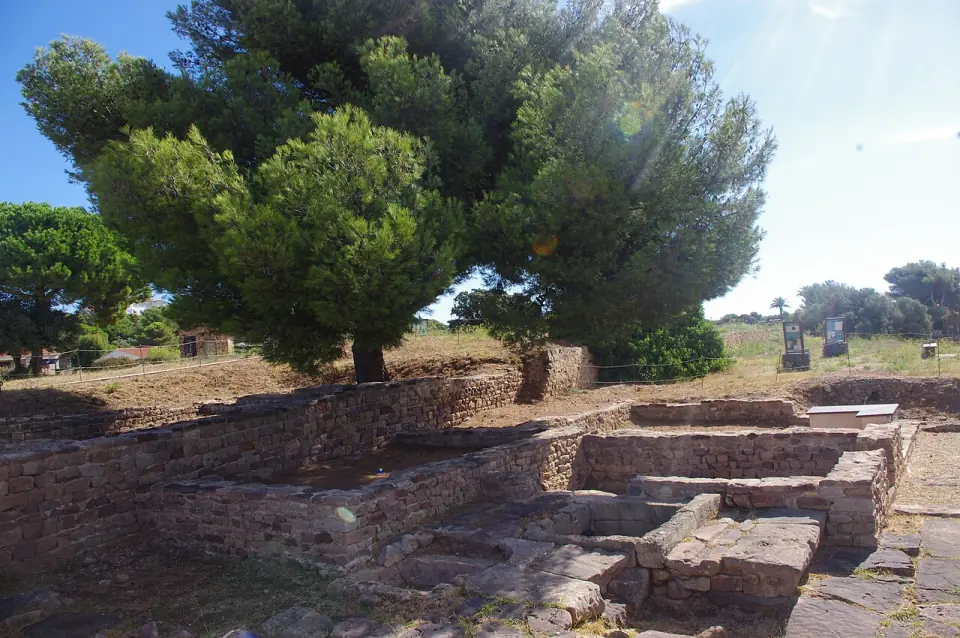 La place du puits d'Olbia de Provence, sous un pin, avec des murs de pierre