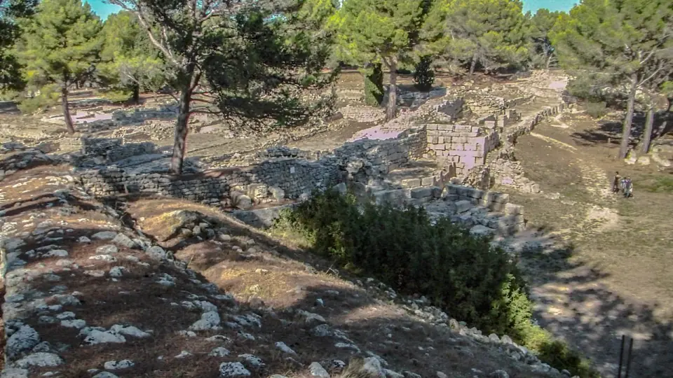 Vestiges de l'oppidum de Saint-Blaise parmi les pins : murs de pierre et rempart, avec des visiteurs