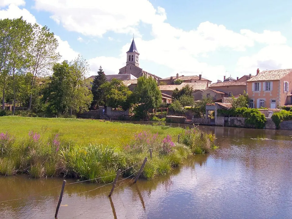 Le village de Sanxay et son clocher, derrière une prairie fleurie au bord de l'eau