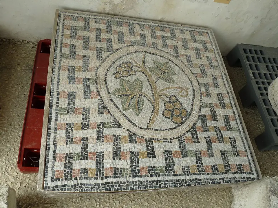 Mosaïque gallo-romaine à motifs géométriques et grappe de raisin, trouvée sur le site de Barzan