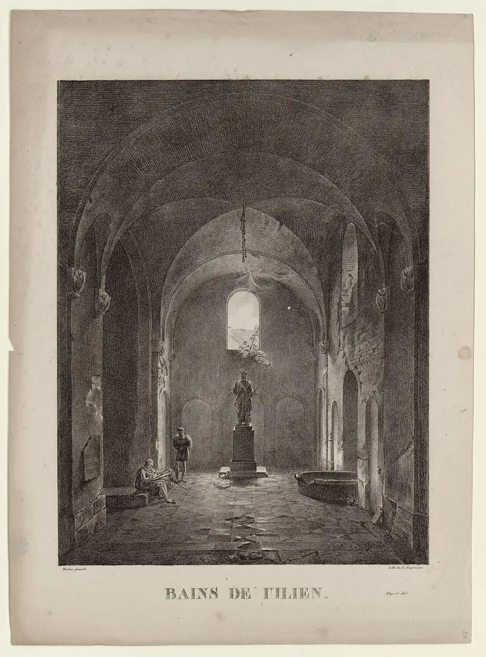 Lithographie ancienne intitulée « Bains de Julien », montrant l'intérieur voûté des thermes avec une statue