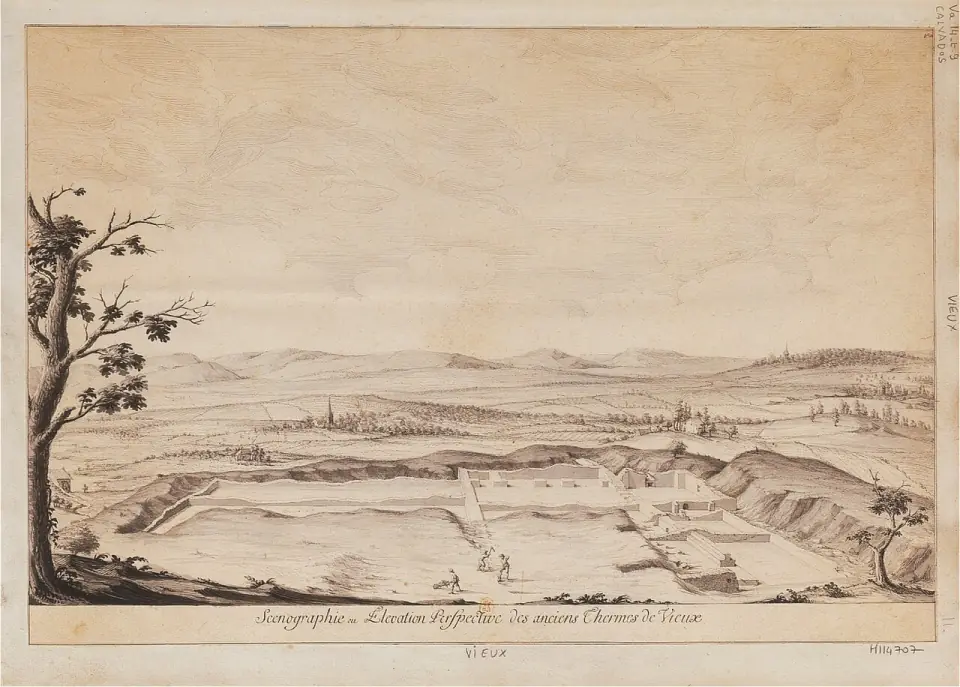Gravure ancienne en perspective des thermes de Vieux dans le paysage